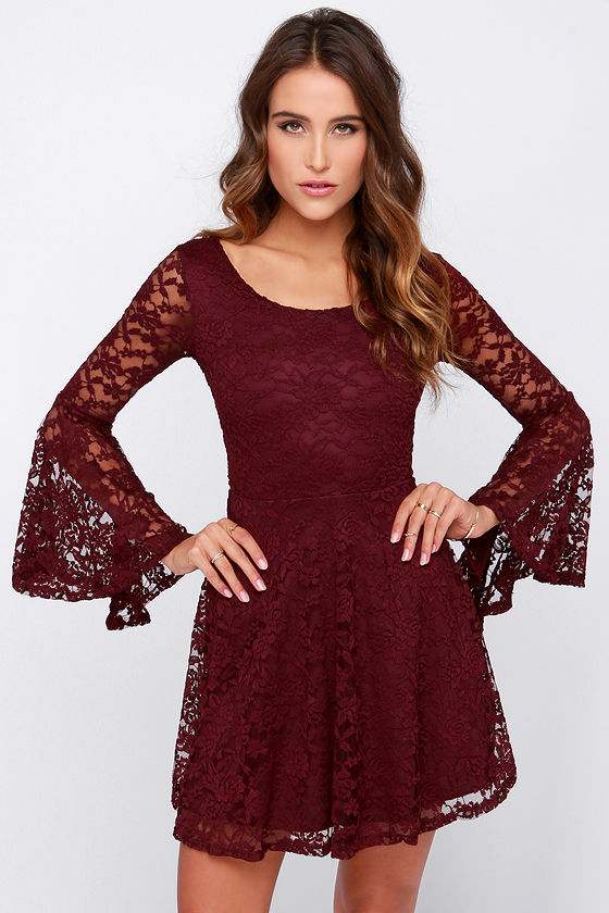 princess polly baby blue dress Cute Burgundy Dress - Long Sleeve Dress - Lace Dress - $38.00