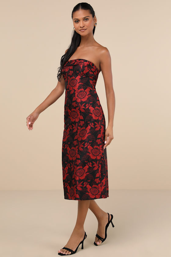 Lulus Polished Muse Black And Red Jacquard Strapless Midi Dress In Black