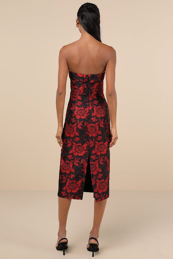Lulus Polished Muse Black And Red Jacquard Strapless Midi Dress In Black