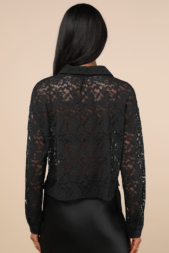 Lulus Effortless Flirt Black Floral Burnout Sheer Button-up Top In Black
