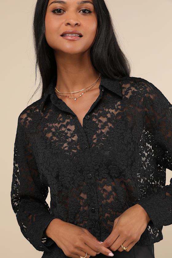 Lulus Effortless Flirt Black Floral Burnout Sheer Button-up Top In Black