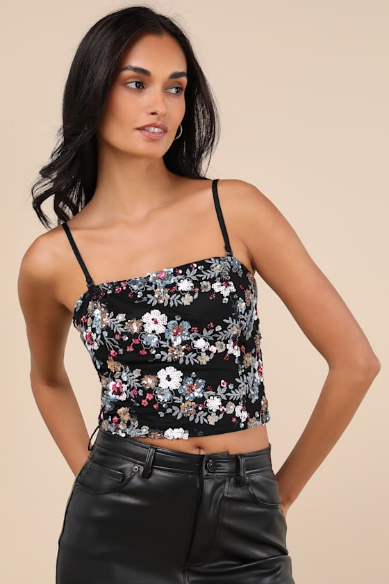 Lulus Noteworthy Glitter Black Multi Sequin Crop Top