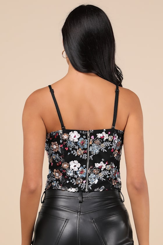 LULUS NOTEWORTHY GLITTER BLACK MULTI SEQUIN CROP TOP