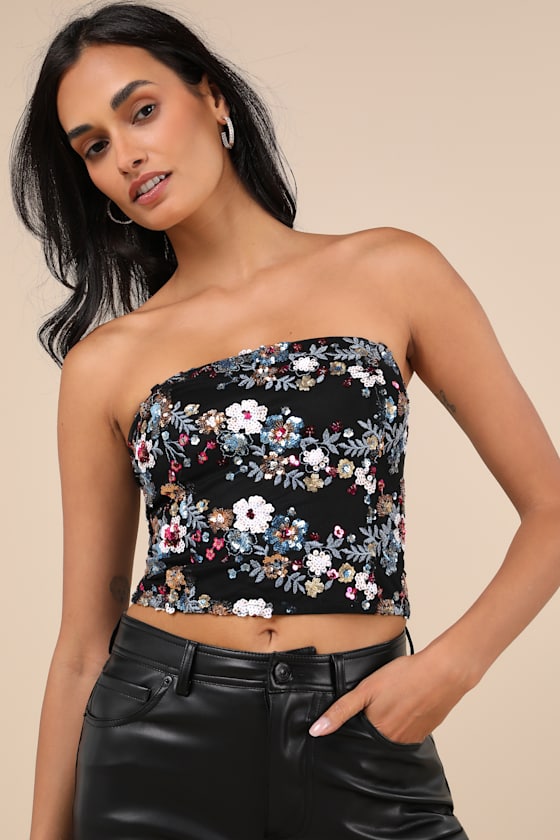 LULUS NOTEWORTHY GLITTER BLACK MULTI SEQUIN CROP TOP