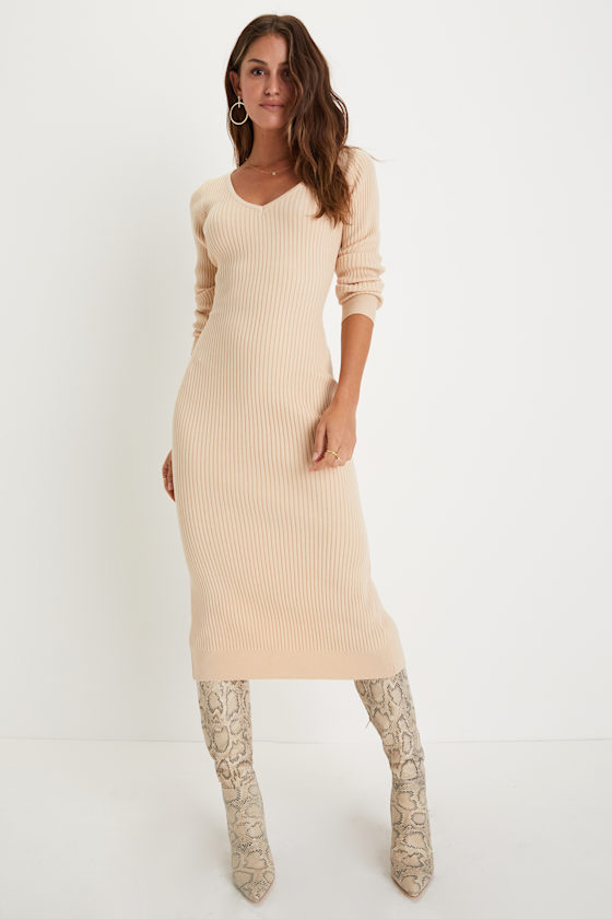Everyday Beauty Beige Long Sleeve Ribbed Knit Sweater Dress 1