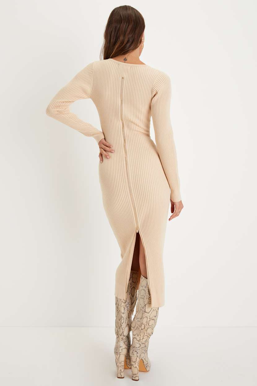 Beige Midi Dress - Bodycon Midi Dress - Ribbed Knit Midi Dress - Lulus