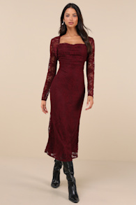Certainly Iconic Burgundy Lace Midi Dress and Shrug Set 4