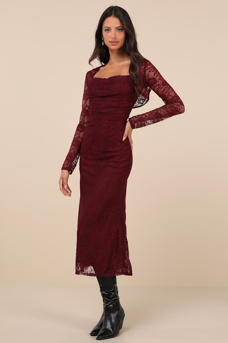 Certainly Iconic Burgundy Lace Midi Dress and Shrug Set