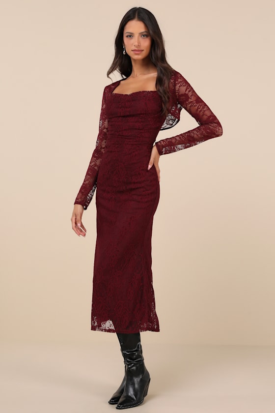 Certainly Iconic Burgundy Lace Midi Dress and Shrug Set 3