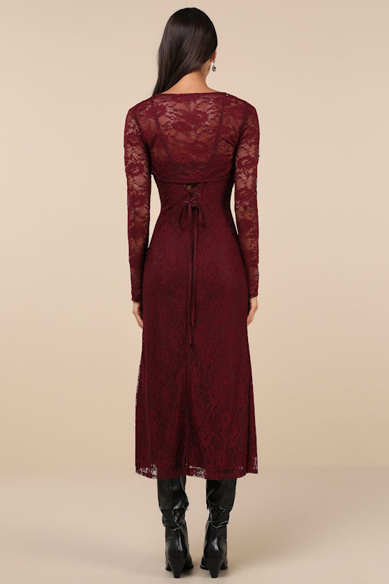 Shop Lulus Certainly Iconic Burgundy Lace Midi Dress And Shrug Set