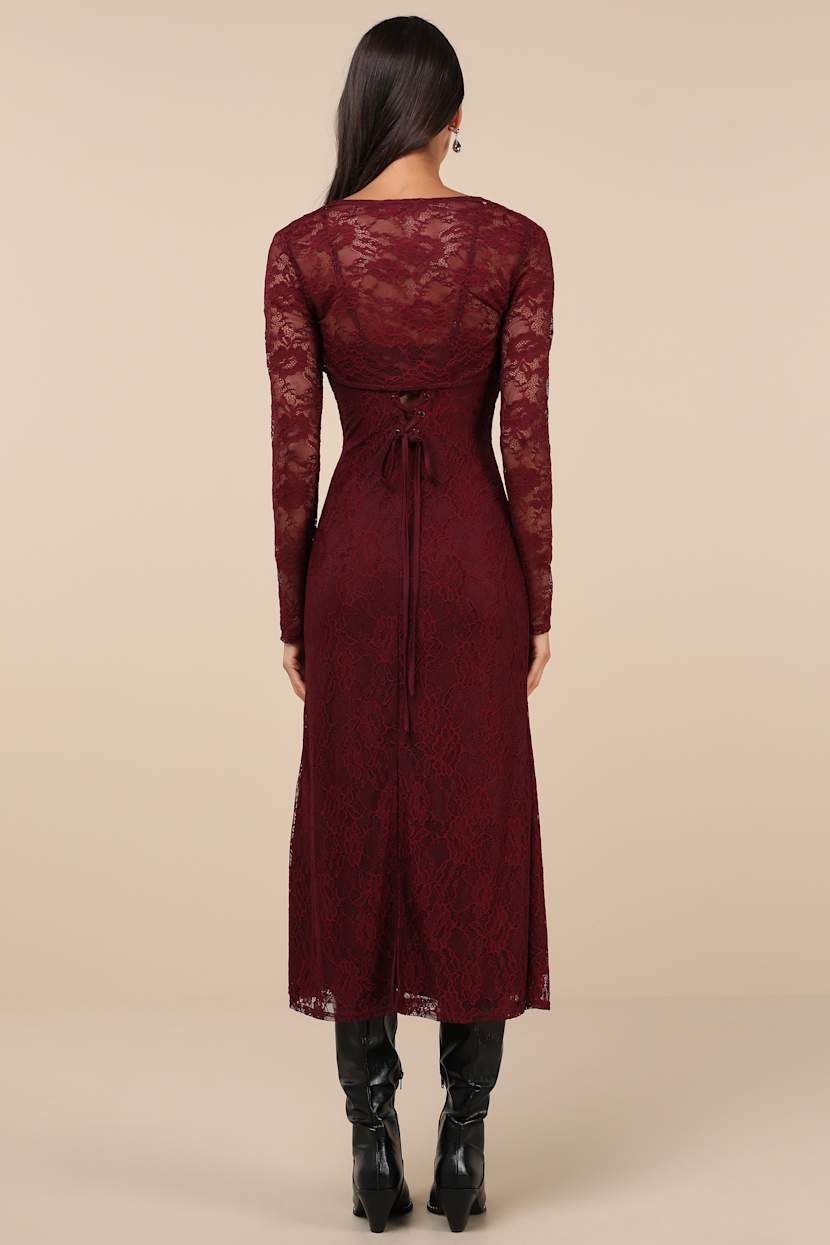 Certainly Iconic Burgundy Lace Midi Dress and Shrug Set