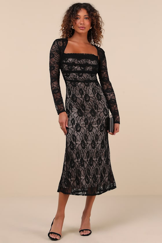 Lulus Certainly Iconic Black Lace Midi Dress And Shrug Set
