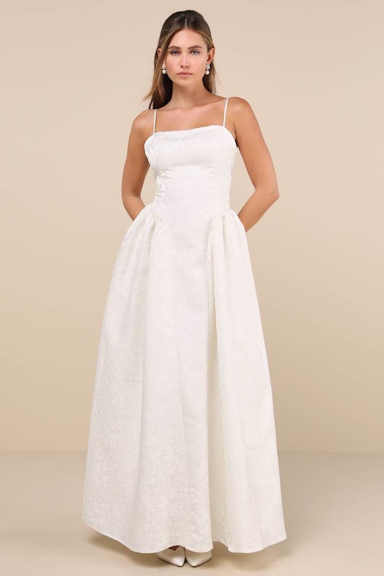 White Floral Jacquard Dress - White Maxi Dress - Pannier Dress - Lulus 