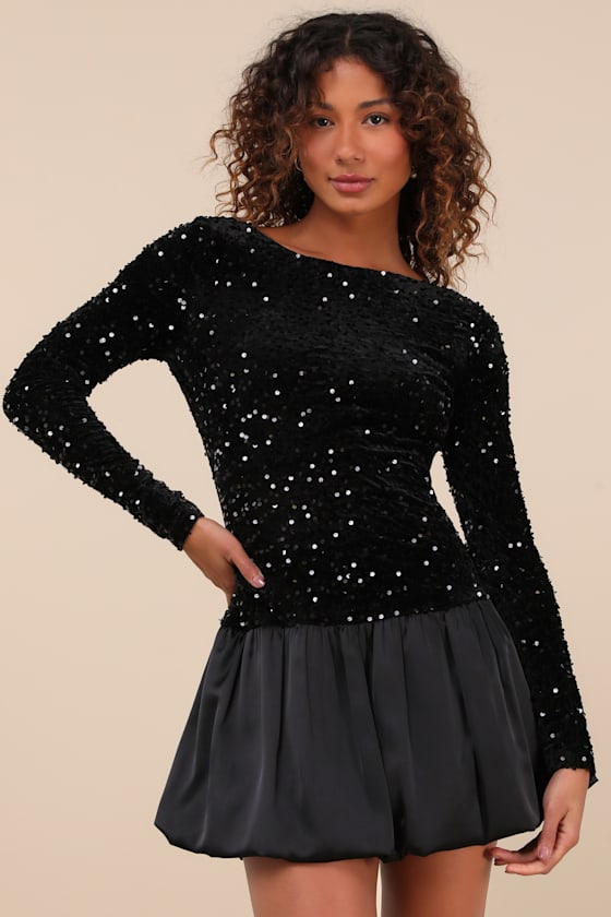 Image of Event Aura Black Sequin Long Sleeve Mini Dress