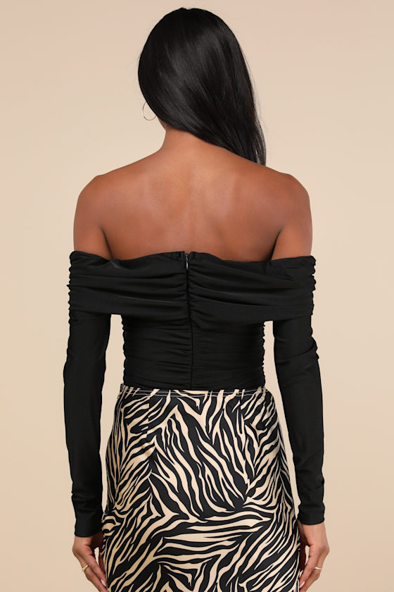 Lulus Sultry Influence Black Off-the-shoulder Ruched Bodysuit In Black
