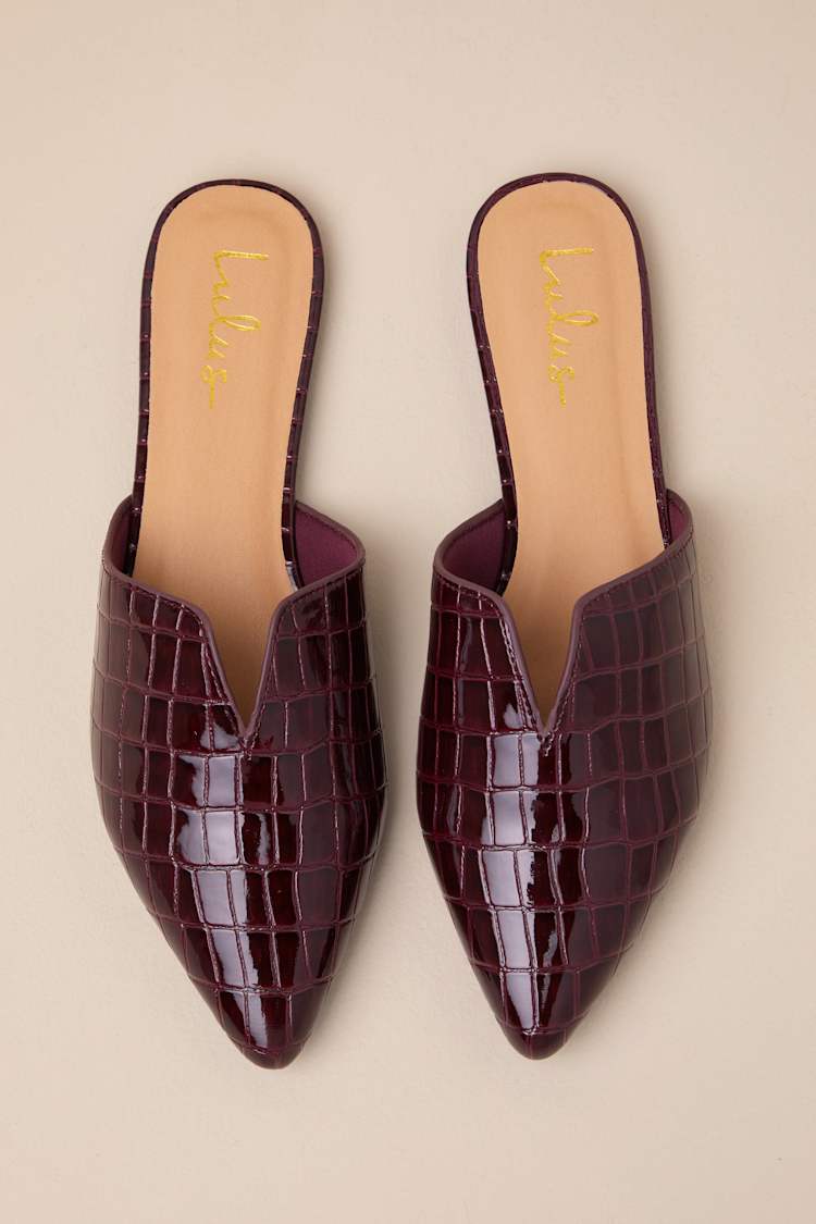 Jaelyn Cranberry Crocodile Embossed Pointed-Toe Slides