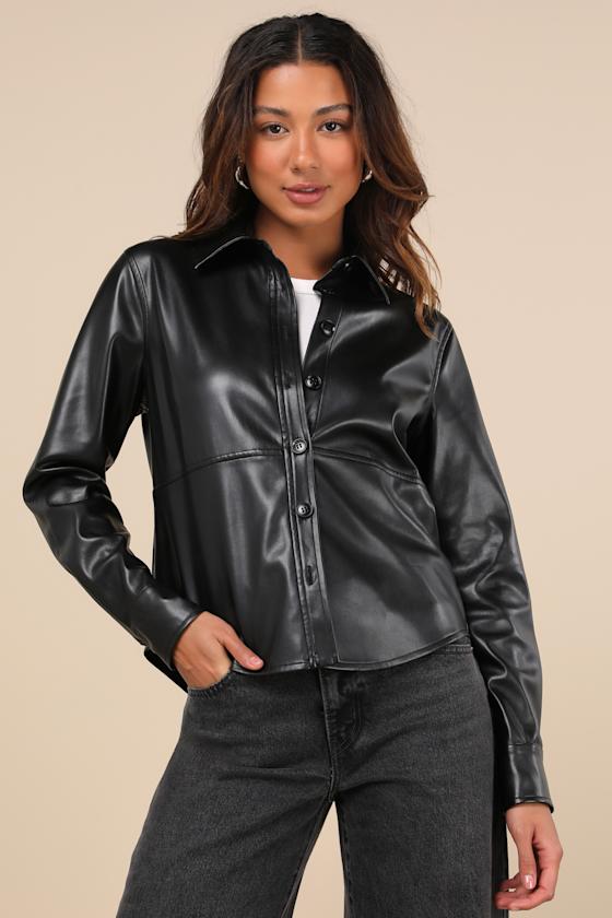 Lulus Polished Attitude Black Vegan Leather Button-up Top