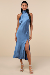 Exceptional Status Blue Halter Backless Slip Midi Dress 1