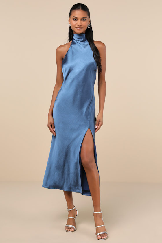 Exceptional Status Blue Halter Backless Slip Midi Dress 1