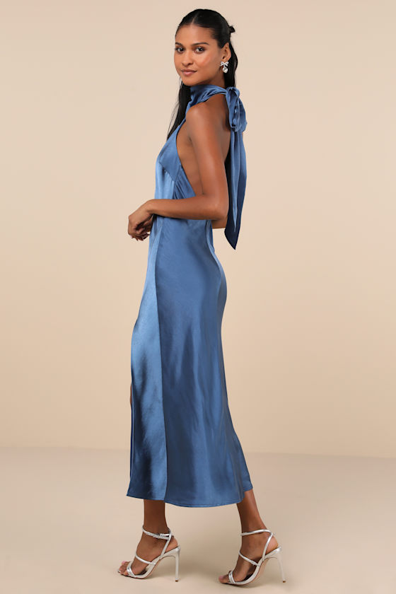 Exceptional Status Blue Halter Backless Slip Midi Dress 3