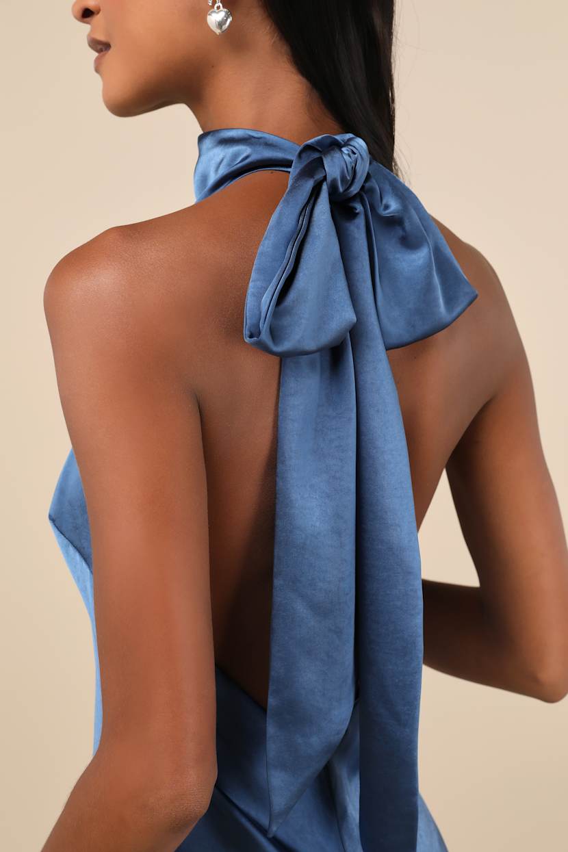 blue backless midi dress Yvonne Light Blue Satin One-Shoulder Midi Dress