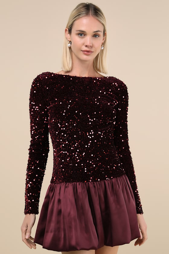 Lulus Event Aura Burgundy Sequin Long Sleeve Mini Dress