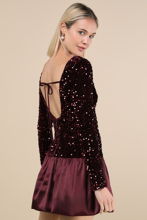 She's Lucky Puff Sleeve Mini Dress - Burgundy
