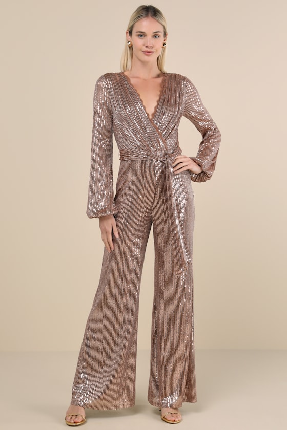 Lulus Effervescent Attitude Bronze Mesh Sequin Long Sleeve Jumpsuit In Brown