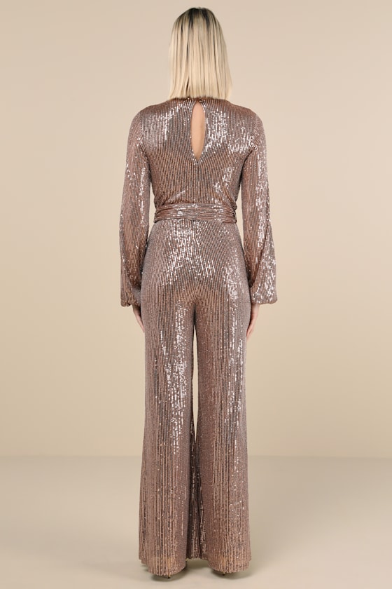LULUS EFFERVESCENT ATTITUDE BRONZE MESH SEQUIN LONG SLEEVE JUMPSUIT