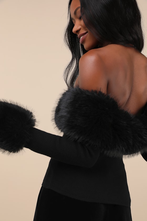 Lulus Absolutely Unreal Black Faux Fur Cropped Sweater Top In Black