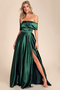 Greatest Hits Forest Green Satin Off-the-Shoulder Maxi Dress 1