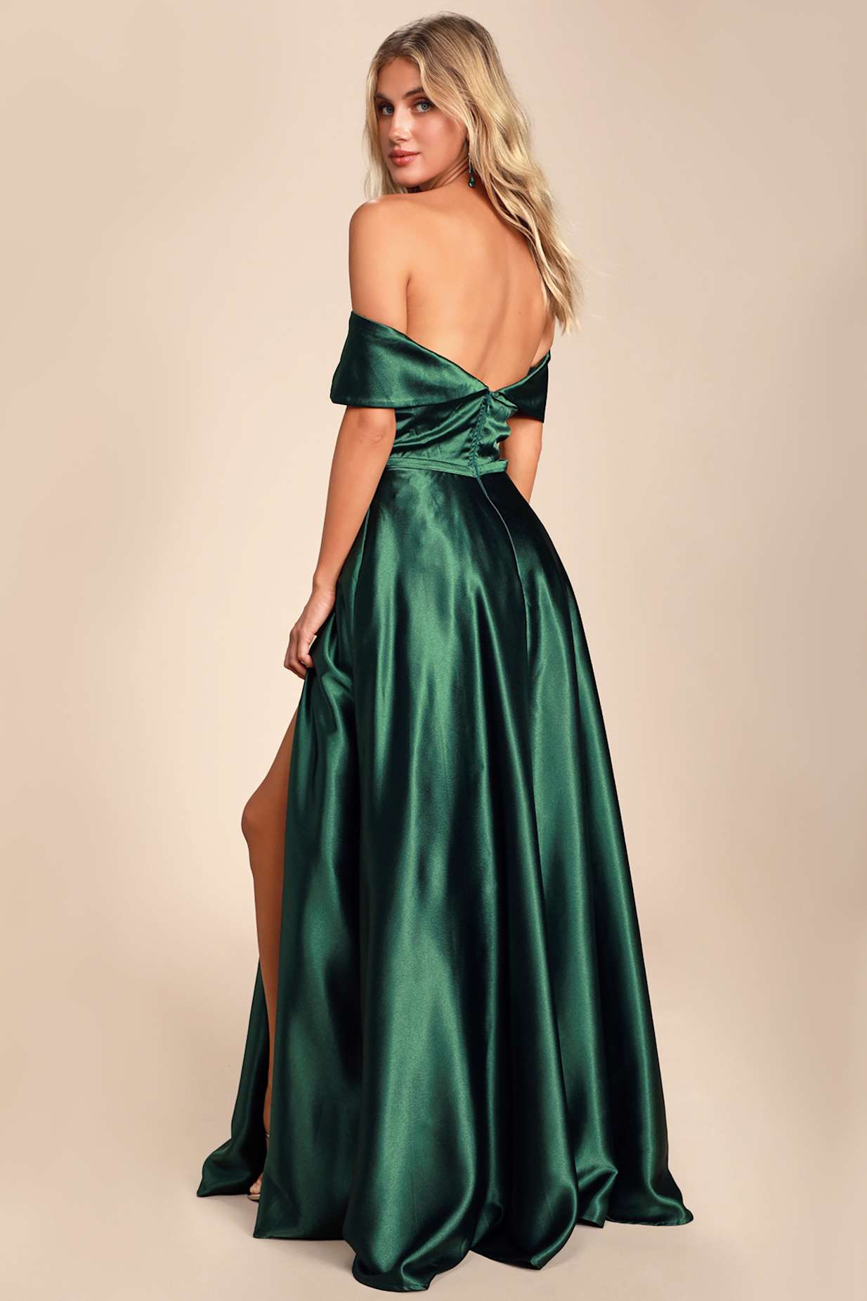 Greatest Hits Forest Green Satin Off-the-Shoulder Maxi Dress