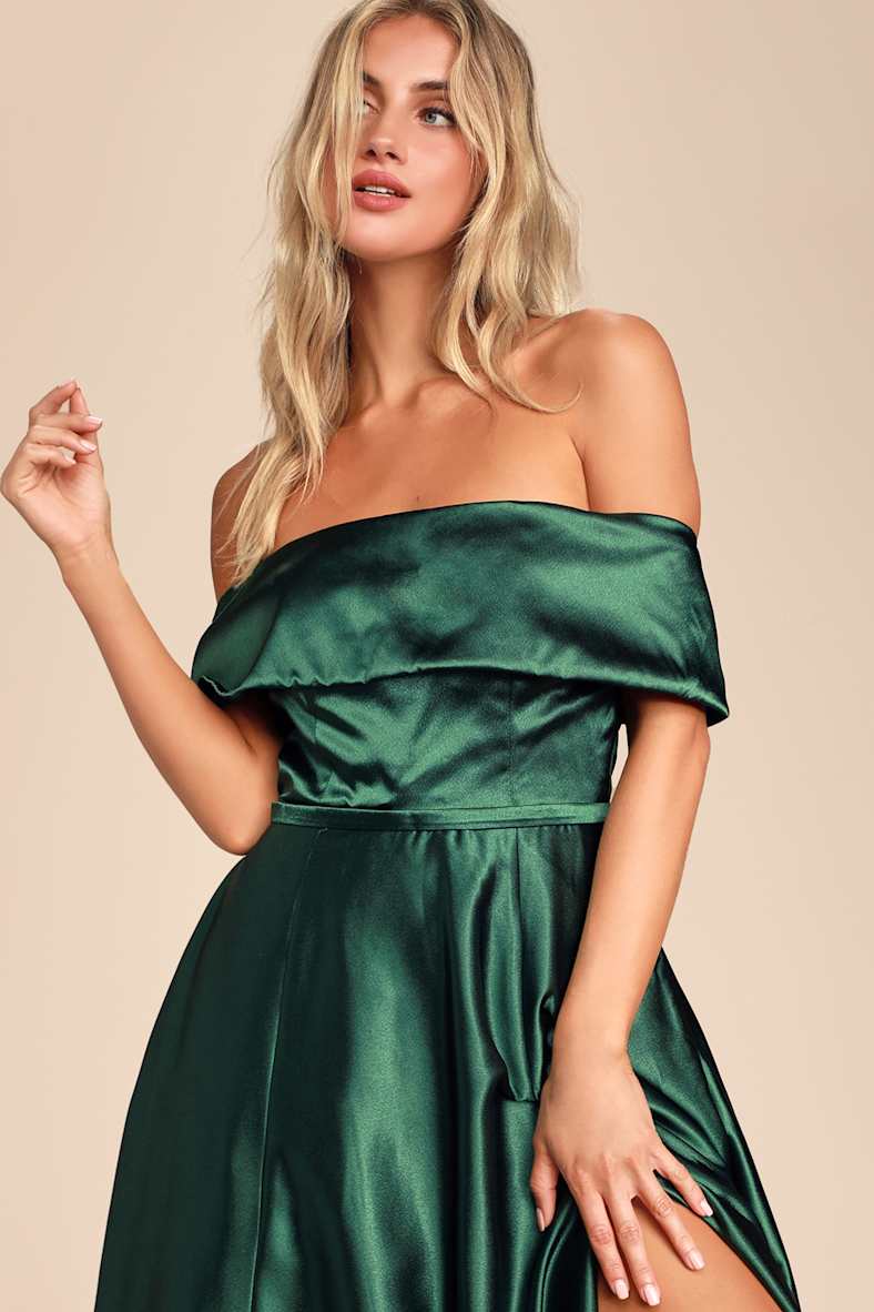 Greatest Hits Forest Green Satin Off-the-Shoulder Maxi Dress