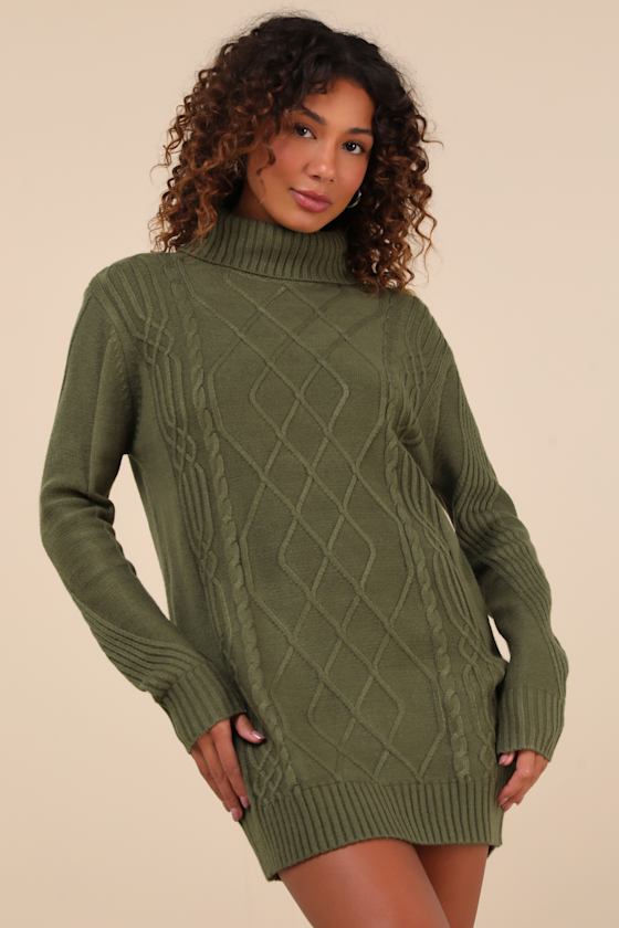 Lulus Cuddle Up Close Olive Green Cable Knit Turtleneck Sweater Dress In Olive Green