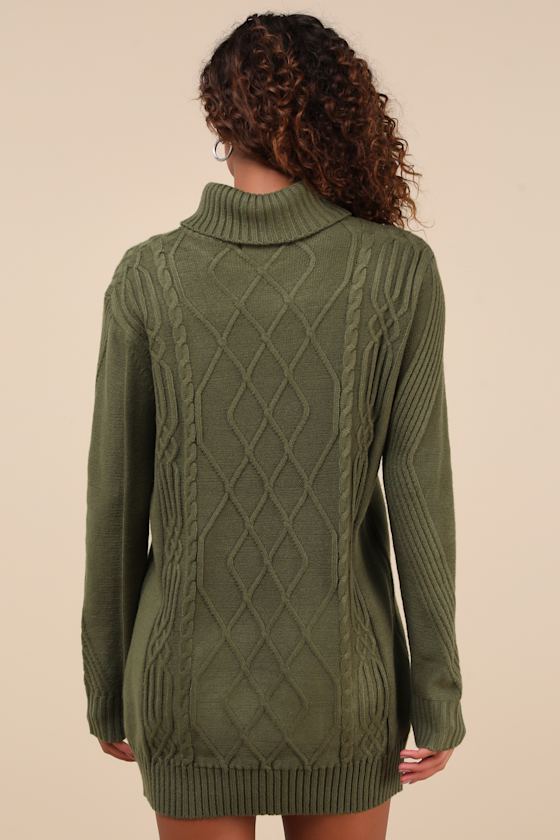 Lulus Cuddle Up Close Olive Green Cable Knit Turtleneck Sweater Dress In Olive Green