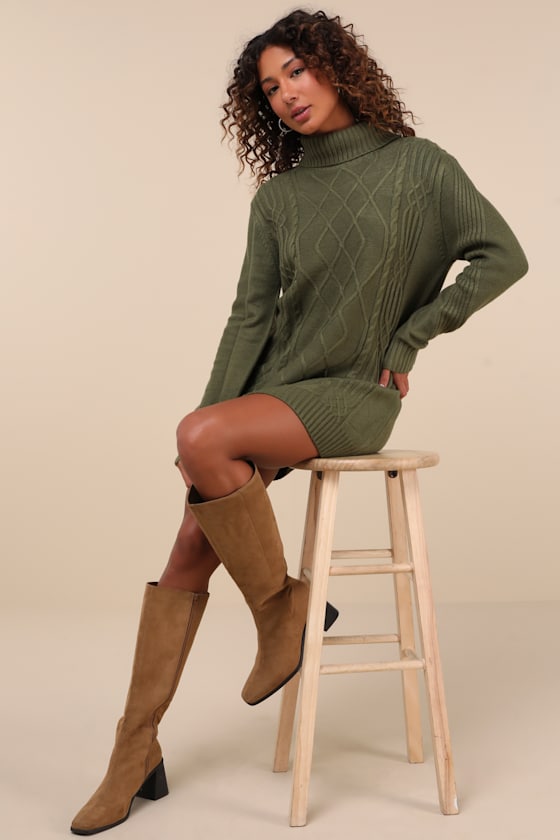 Lulus Cuddle Up Close Olive Green Cable Knit Turtleneck Sweater Dress In Olive Green