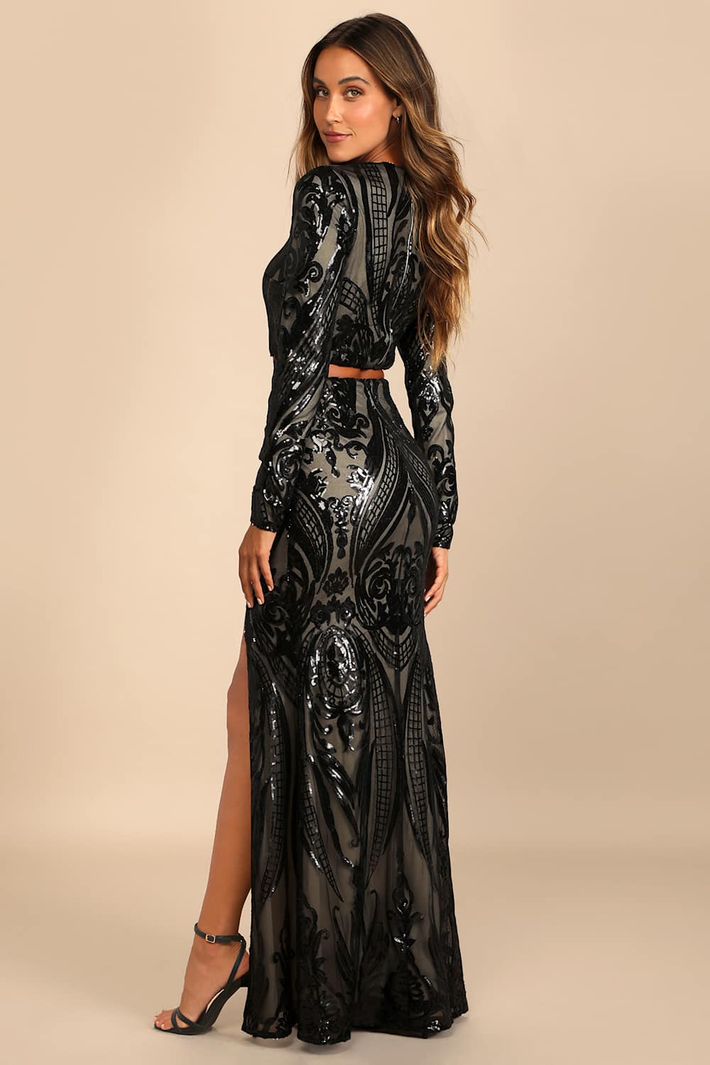 Luxe Aesthetic Black Sequin Long Sleeve Two-Piece Maxi Dress