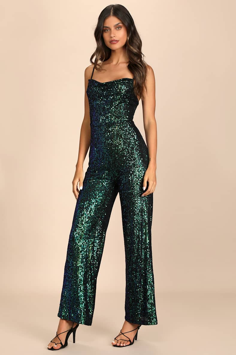 Dancing to the Music Green Iridescent Sequin Wide-Leg Jumpsuit