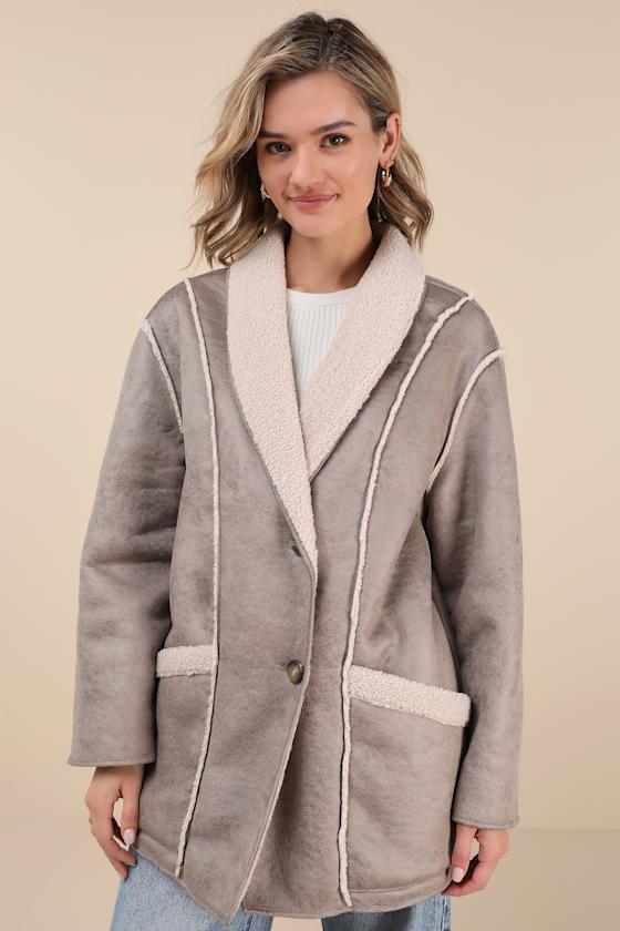 Claine Taupe Distressed Suede Shearling Coat 4