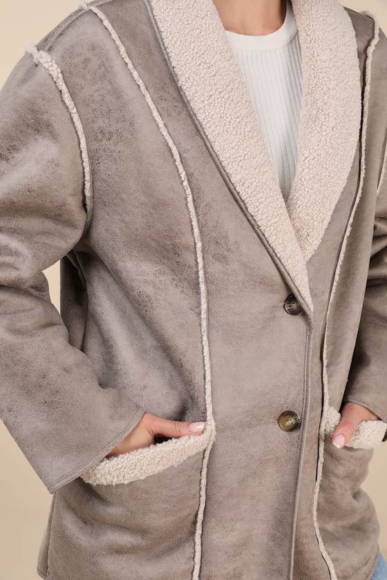 Native Youth Claine Taupe Distressed Suede Shearling Coat In Taupe