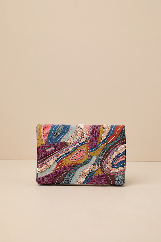 Lulus Sachi Black Multi Beaded Embroidered Abstract Clutch In Black