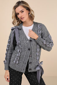 Hesper Heather Grey Cable Knit Lace-Up Cardigan Sweater 4