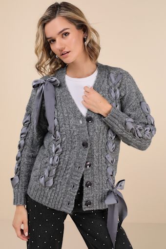 Hesper Heather Grey Cable Knit Lace-Up Cardigan Sweater 4