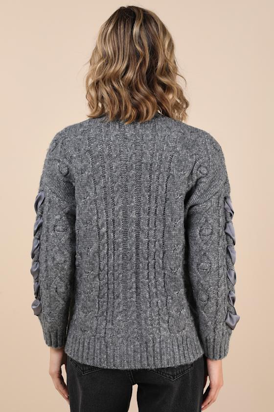 MOON RIVER HESPER HEATHER GREY CABLE KNIT LACE-UP CARDIGAN SWEATER