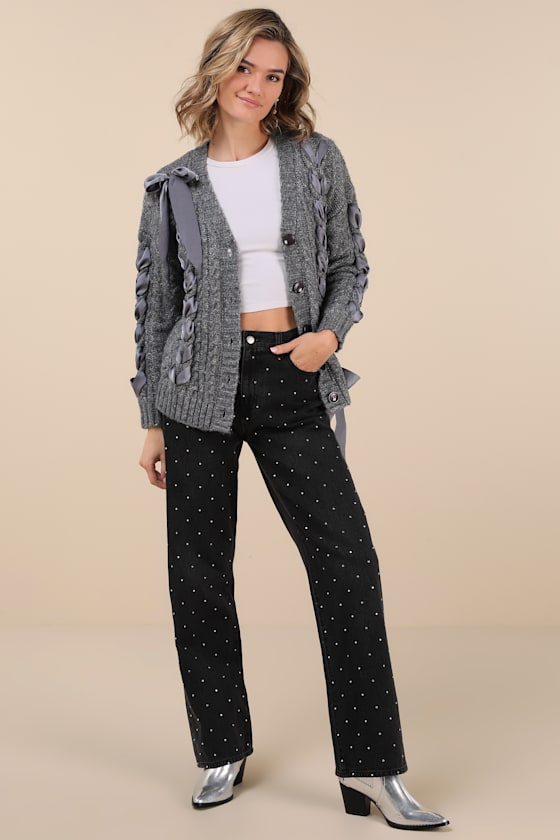 MOON RIVER HESPER HEATHER GREY CABLE KNIT LACE-UP CARDIGAN SWEATER