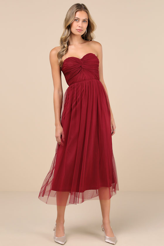 Lulus Perfect Whimsy Burgundy Mesh Strapless Midi Dress In Burgundy