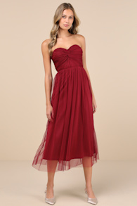 Perfect Whimsy Burgundy Mesh Strapless Midi Dress 5