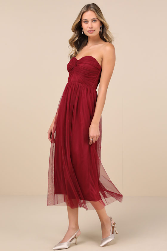 Lulus Perfect Whimsy Burgundy Mesh Strapless Midi Dress In Burgundy