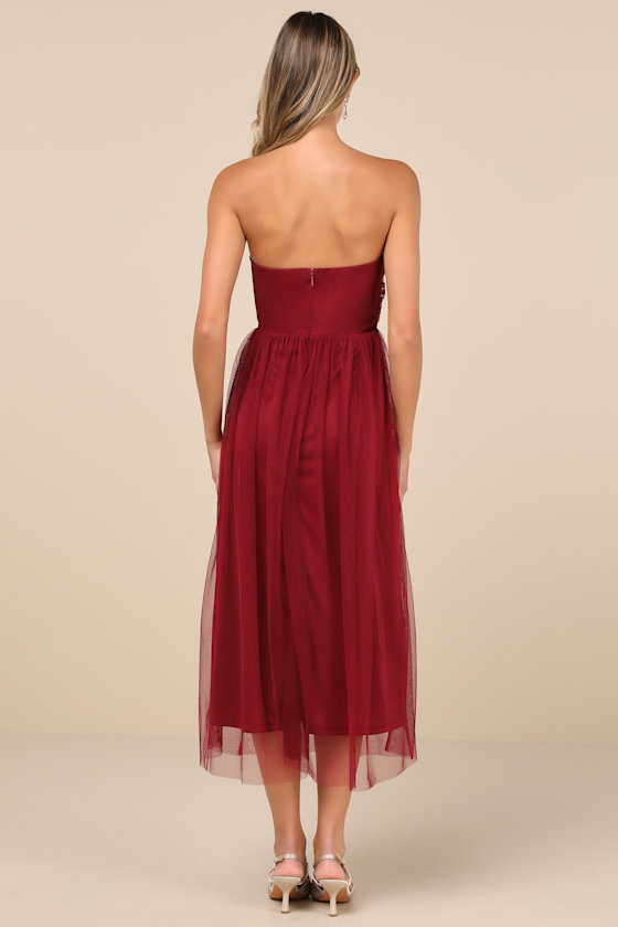 Lulus Perfect Whimsy Burgundy Mesh Strapless Midi Dress In Burgundy
