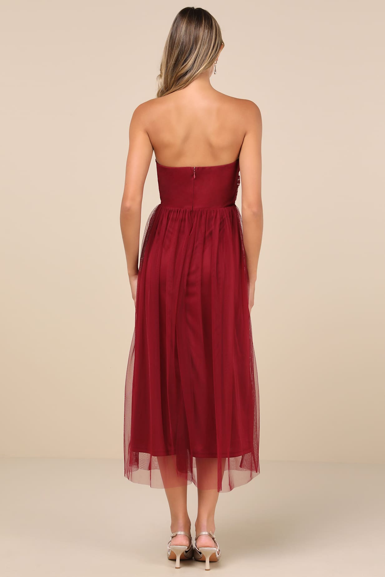 Perfect Whimsy Burgundy Mesh Strapless Midi Dress